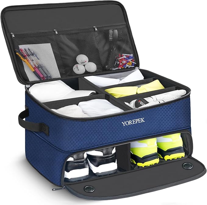 2 Layer Golf Trunk Organizer, Golf Gifts for Men with Separate Ventilated Compartment for 2 Pair Shoes, Waterproof Car Trunk Locker for Balls, Tees, Clothes, Gloves, Gifts for Golfers