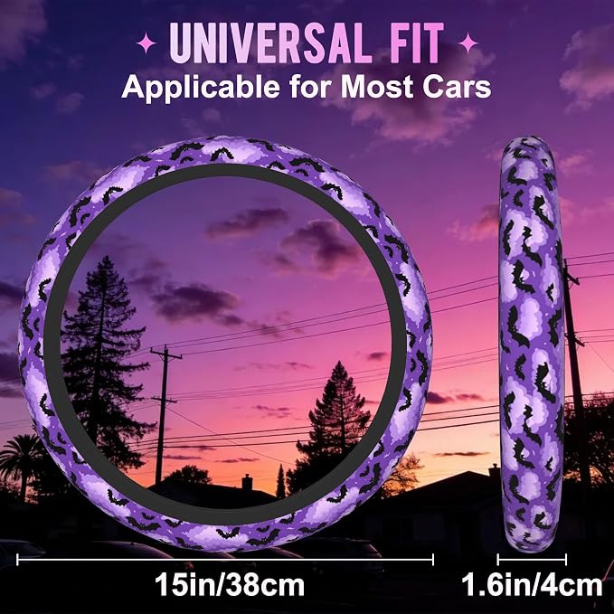Gothic Purple Black Bats Steering Wheel Cover for Women Men Neoprene Breathable Wheel Cover Protector Anti-Slip Car Accessories Universal 15 Inch Fit for Cars Trucks Vehicles