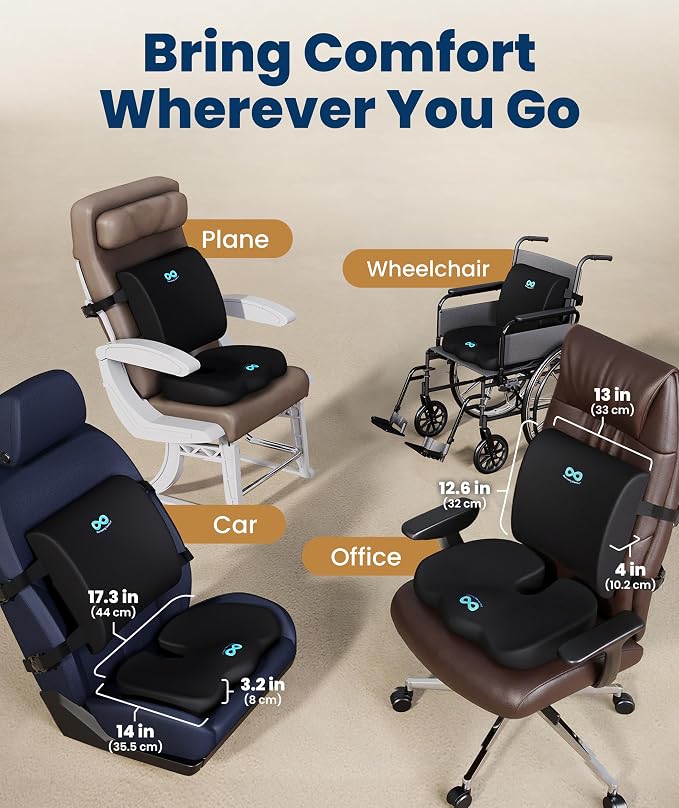 Doctor Recommended Memory Foam Seat Cushion for Office Chairs & Car - Ergonomic Office Desk Accessories - Cushions for Tailbone Pain Relief, Sciatica (Black Airflow Lumbar, Large)