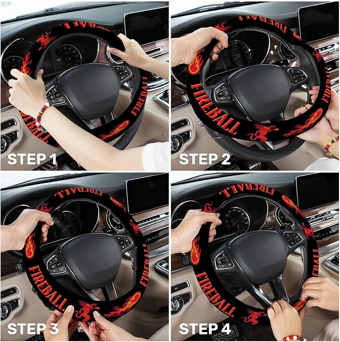 Black Red Flame Graphic Steering Wheel Cover, Non-Slip Polyester Wheel Grip, Universal 15 Inch Car Accessory