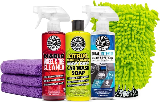 Car Cleaning Kit - with Car Wash Soap, Wheel Cleaner, Total Interior, Car Wash Mitt - Interior and Exterior Wash Kit with Vehicle Cleaning and Detailing Accessories - 7 Item Kit