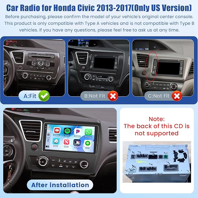 5Ghz WiFi 4G+128G Android 15 Car Radio for Honda Civic 2013-2017 Car Stereo with Wireless Carplay Android Auto,5.0 Bluetooth,Build-in EQ,9inch IPS Touchscreen,GPS,FM/RDS SWC AHD Backup Camera MIC