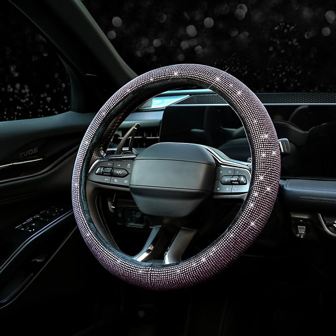 Steering Wheel Cover for Women Bling Bling Crystal Diamond Sparkling Car SUV Wheel Protector Universal Fit 15 Inch Black with Pink Diamond