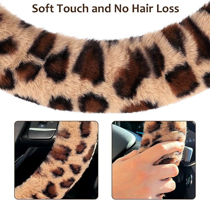 Fluffy Car Steering Wheel Cover, Leopard Fuzzy Vehicle Wheel Cover for Women Non-Slip Furry Warm Steering Wheel Protector with Cute Ears, Car Accessories 15 inch Universal Fit Auto, Suvs, Truck