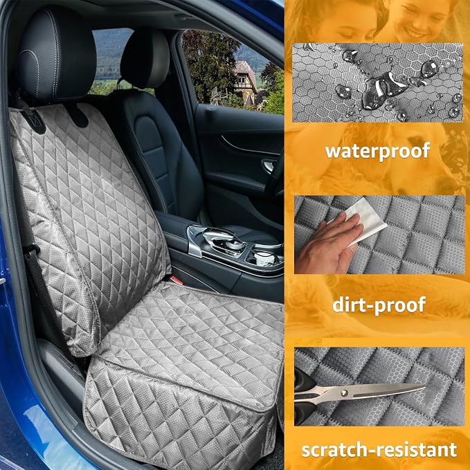 Waterproof Front Seat Car Cover 2 Pack, Full Protection Dog Car Seat Cover with Side Flaps, Nonslip Scratchproof Captain Chair Seat Cover Fits for Cars, Trucks, SUVs, Jeep, Gray (Gray)