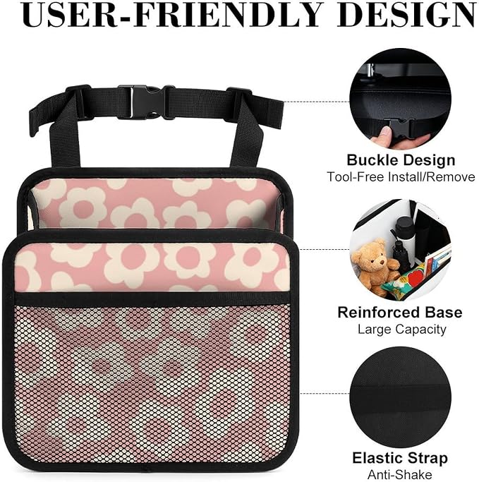 Car Backseat Organizer - Cute Aesthetic Car Storage Bin with Mesh Pocket & Reinforced Base - Universal Fit Hanging Seat Back Accessories for Women (Pink)