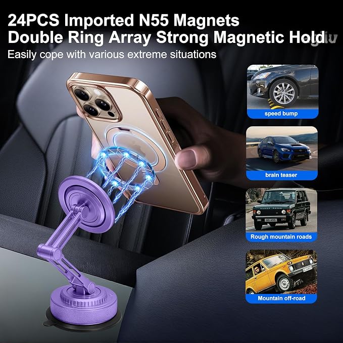 All-Metal Alloy Long Arm Magnetic Suction Cup Car Phone Mount(Purple) | Strong Powerful Magnetic Heavy-Duty Windshield Dash 360° Mechanical Rotation Cell Mobile Phone Vehicle Bracket for All Cars