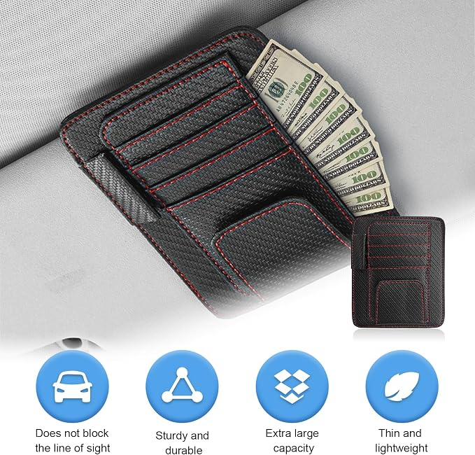 2 PCS Car Sun Visor Organizer, Auto Visor Organizer and Storage, Registration and Document Holder, Vehicle Accessories for Sunglasses Document Card Pen Driver License (Carbon Fiber Red Line)