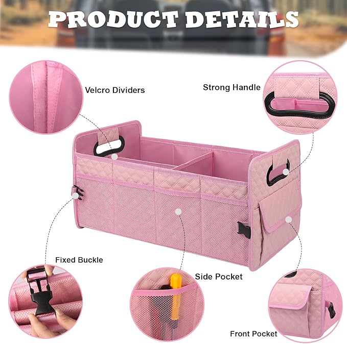 Car Trunk Organizer for SUV, Car Storage Organizer Collapsible Multi Compartment Container Box, Adjustable Car Accessories for Women/Men, Large Pink