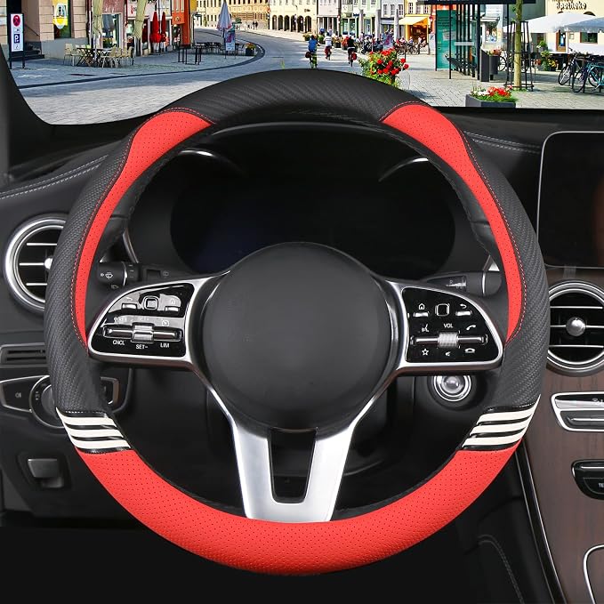 Cute Steering Wheel Cover for Women Men Leather Universal 15 inch,Black and Red