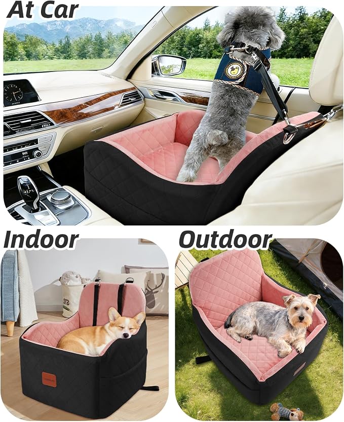 Dog Booster Car Seat for Small/Medium Dogs,Puppy Portable Car Bed with Elevated Cushion,Fully Detachable and Washable,2 Storage Pockets,Easy to Install (Black/Pink, Medium)