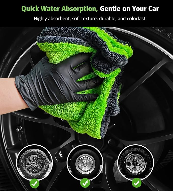 2-Pack 16"x16" Car Detailing Drying Towels, 1400 GSM Microfiber Drying Towels, for Final Water Chasing, Safe Drying of Gaps, Mirrors & Vehicle Interiors, Green