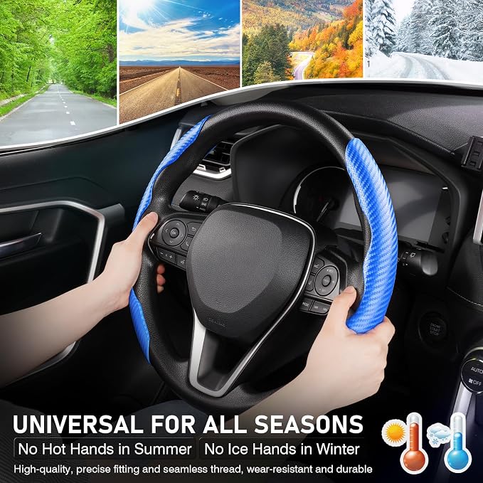 Steering Wheel Cover, Carbon Fiber Steering Wheel Cover, Car Steering Wheel Cover for Men/Women, Anti-Slip, Comfortable Grip, Durable, Universal for 99% Car Interior Accessories (Blue)