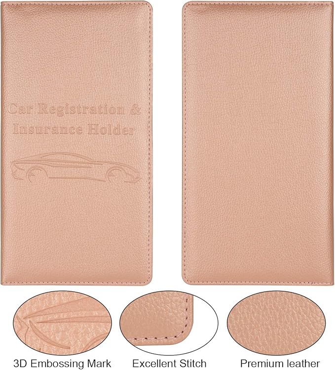 Car Registration and Insurance Holder, Vehicle Glove Box Car Organizer Men Women Wallet Accessories Case with Magnetic Shut for Cards, Essential Document, Driver License, Rose Gold
