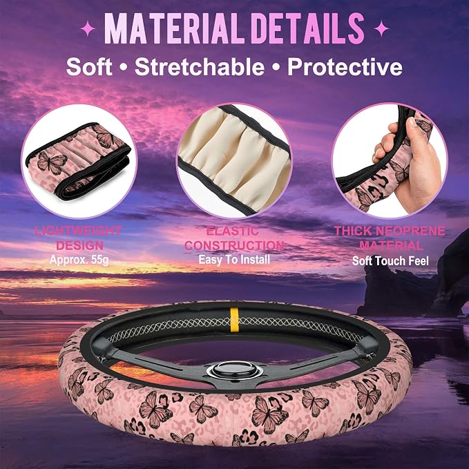 Pink Butterfly Leopard Print Steering Wheel Cover for Women Men Neoprene Breathable Wheel Cover Protector Anti-Slip Car Accessories Universal 15 Inch Fit for Cars Trucks Vehicles