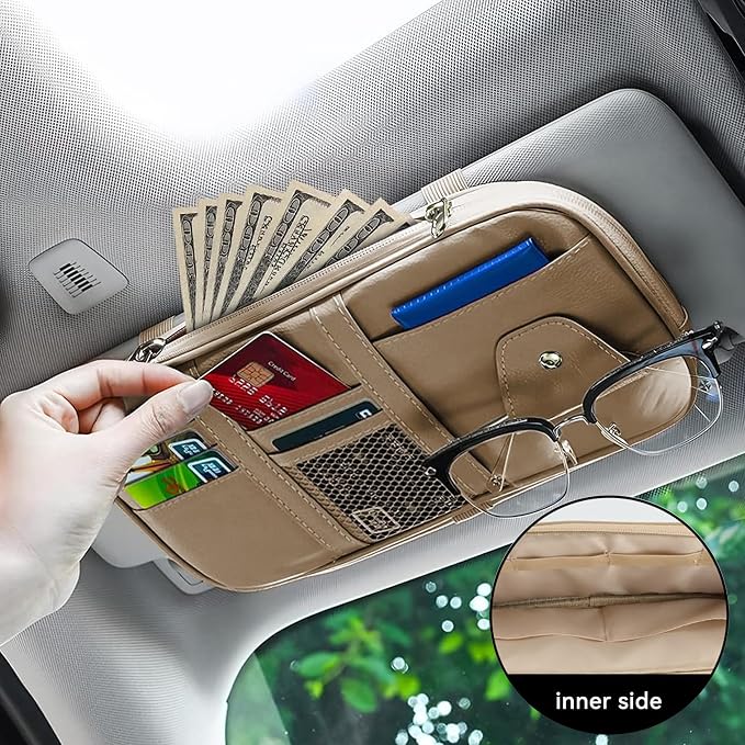 Car Sun Visor Organizer, Multi-Pocket PU Leather Sunglass Holder and Storage Pocket with Net Zipper, Card Sleeve Pocket Organizer, Auto Interior Accessories for Vehicle, Truck, SUV (Beige)