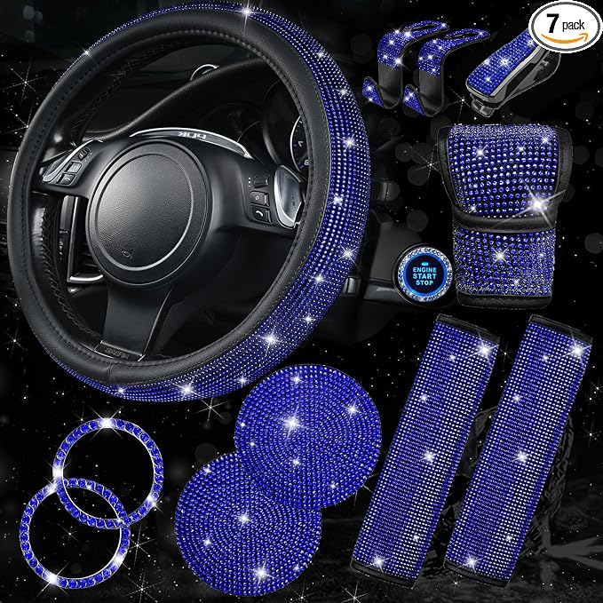 11 PCS Bling Diamond Car Accessories for Women, Sparkly Rhinestone Steering Wheel Cover, Bling Seat Belt Cushion, Glitter Shift Knob Cover, Car Cup Holder Coaster, Cute Interior Sets Blue