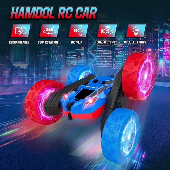 Remote Control RC Car for Kids 6-12, High-Speed 4WD Stunt Car with LED Lights & 360° Rotation, 2.4GHz Off-Road Vehicle Toy with Rechargeable Battery, Cool Valentines and Birthday Gift for Boys