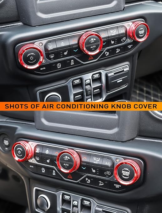 HVAC Climate Control Panel Knob Trim Kit & Light Control Switch Cover, Air Conditioner Knob Aluminum Alloy Ring for 2018-2024 Jeep Wrangler JL JLU & Gladiator JT, Interior Accessories, red