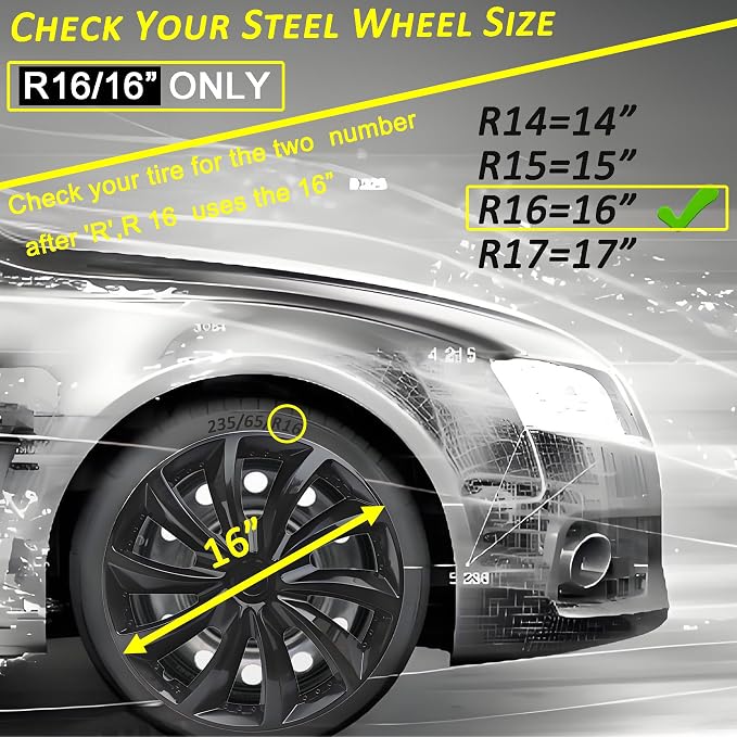 Hubcap Wheel Cover Replacement R16 Hub Caps Universal-Fit Steel Wheel Rim Cover ABS Material Exterior Accessories for Car Truck SUV -Set of 4（16-inch，Black）