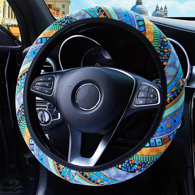 3 Pack Boho Steering Wheel Cover with Car Cup Holder Coasters Universal Baja Hippie Bohemian Style Steering Wheel Covers Cute Car Steering Wheel Cover for Women Girl 15 Inch (Blue)