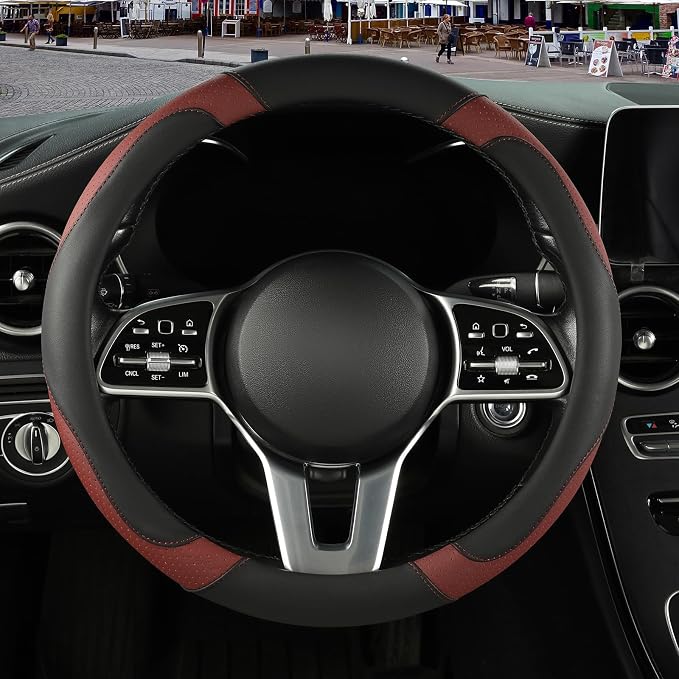 Black Burgundy Microfiber Leather Steering Wheel Cover 14 inch | Breathable Anti Slip Grip Cool Sporty Look Glow for Women Men