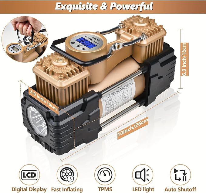 Dual Cylinder Tire Inflator Air Compressor, 150 PSI 12V DC Portable Air Pump with Digital Display, LED Flashlight, Auto Shut-Off, Heavy Duty for Truck, SUV, Car, RV (GOLD)