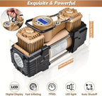 Dual Cylinder Tire Inflator Air Compressor, 150 PSI 12V DC Portable Air Pump with Digital Display, LED Flashlight, Auto Shut-Off, Heavy Duty for Truck, SUV, Car, RV (GOLD)