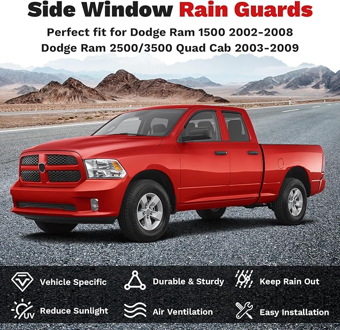 Ram Rain Guards - Window Visors for 2002-2008 Dodge Ram 1500/03-09 Ram 2500/3500 Quad Cab,Outside-Mount Tape-On Side Window Wind Deflectors for Ram Accessories,Vent Visors Shades