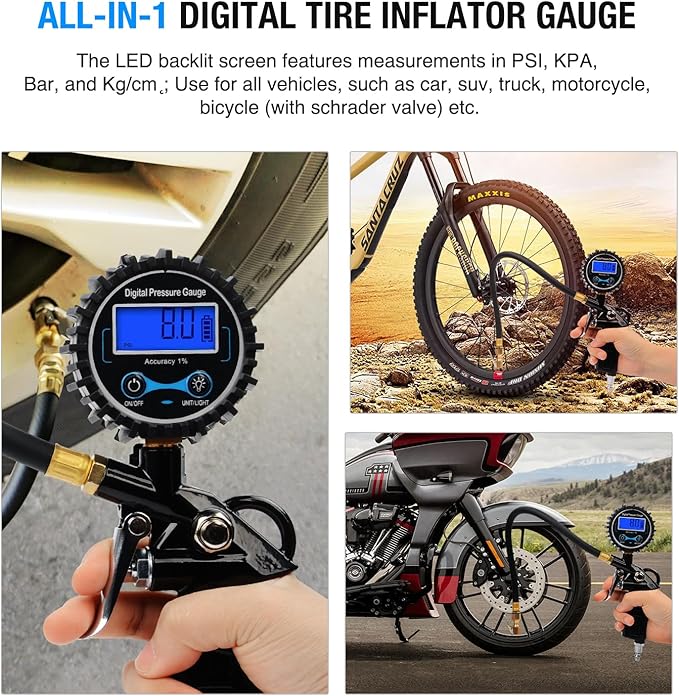 50026R Digital Tire Inflator Pressure Gauge,250 PSI Air Chuck and Compressor Accessories Heavy Duty with Rubber Hose Quick Connect Coupler for 0.1 Display Resolution