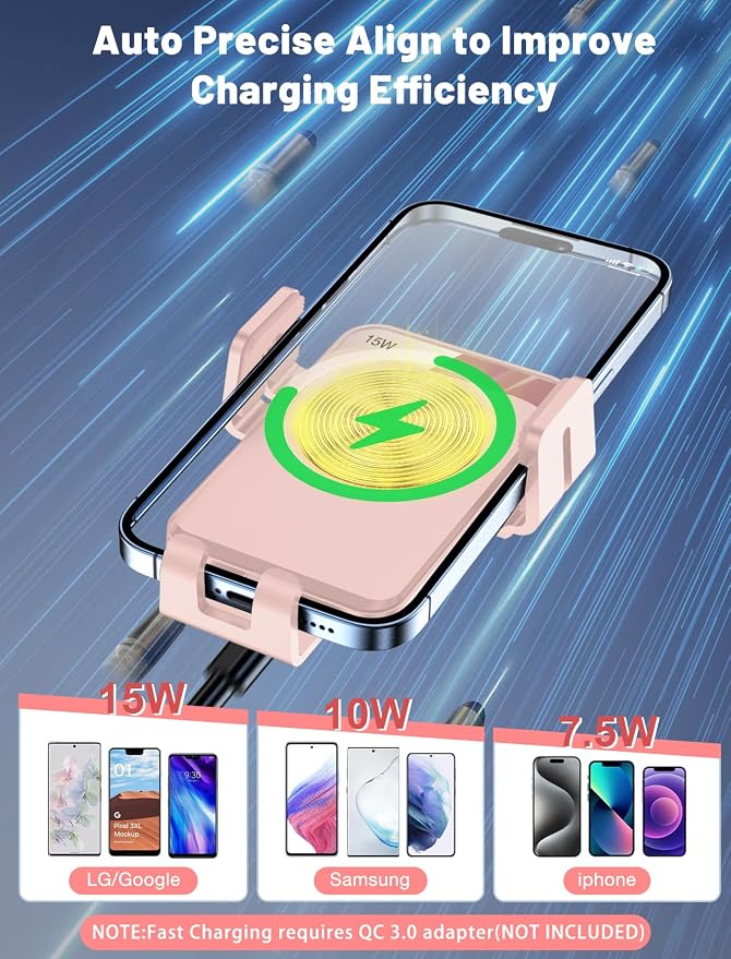 Wireless Car Charger, Auto-Clamping Car Mount 15W/10W/7.5W Fast Charging Air Vent Car Phone Mount Compatible with iPhone 15/14/13/13 Pro/12 Pro Max/12 pro/12/11/10 Series, Samsung Galaxy Pink
