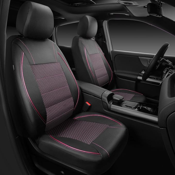 Piping PU Leather Car Seat Cover Full Set,Inside Zipper Design and Reserved Opening Holes，Airbag Compatible,Universal FIT for Car, SUVs,Van,Trucks（Full Set, Black & Pink）