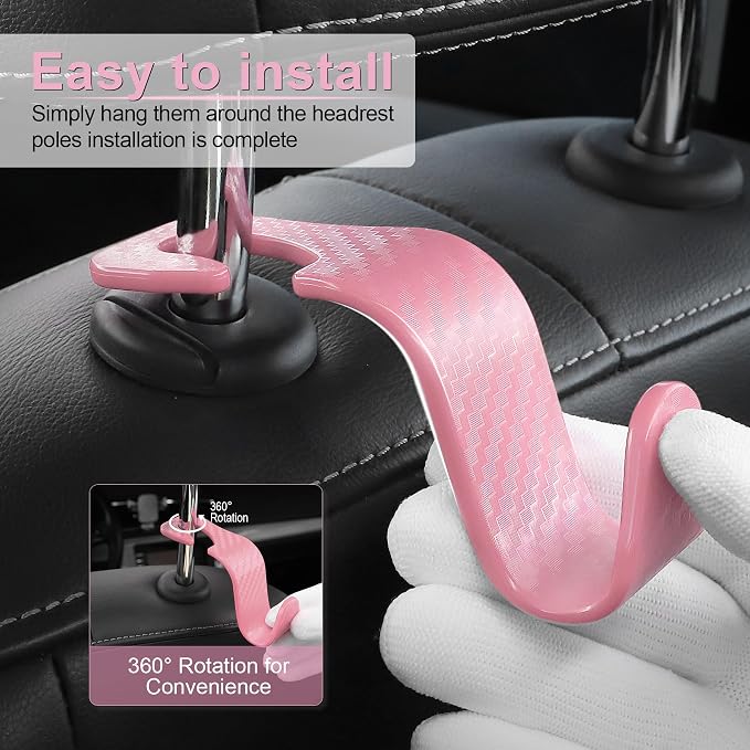 Car Purse Hook, Headrest Hook for Car, 4 Pack Universal Auto Car Seat Headrest Hook Hangers Organizer for Purse Coat Umbrellas Grocery Bags Handbag, Car Accessories - Carbon Fiber Pink