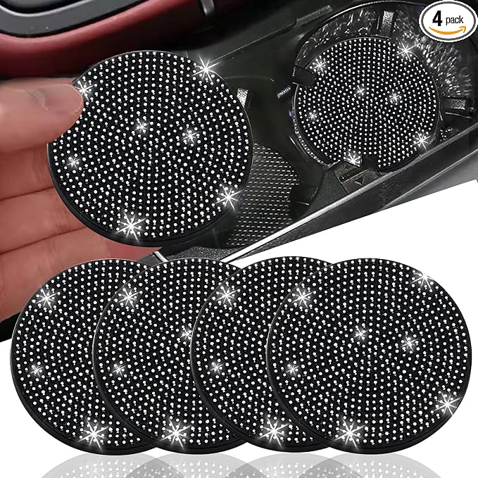 4pcs Bling Car Cup Holder Coaster, 2.75 inch Anti-Slip Shockproof Universal Fashion Car Coasters Insert Bling Crystal Rhinestone Automotive Interior Accessories for Women (4 pcs, Black)