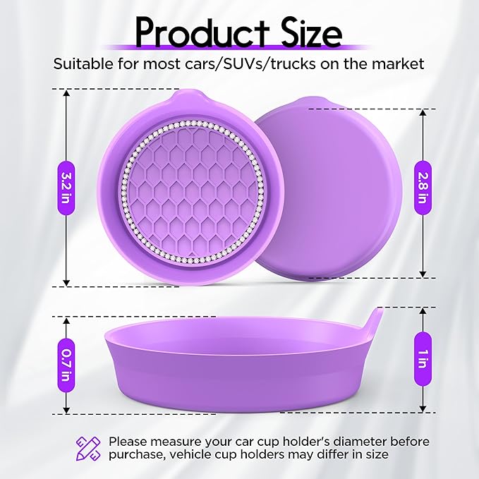 Car Cup Coaster Universal Non-Slip Cup Holders Bling Crystal Rhinestone Car Interior Accessories 4 Pack Purple