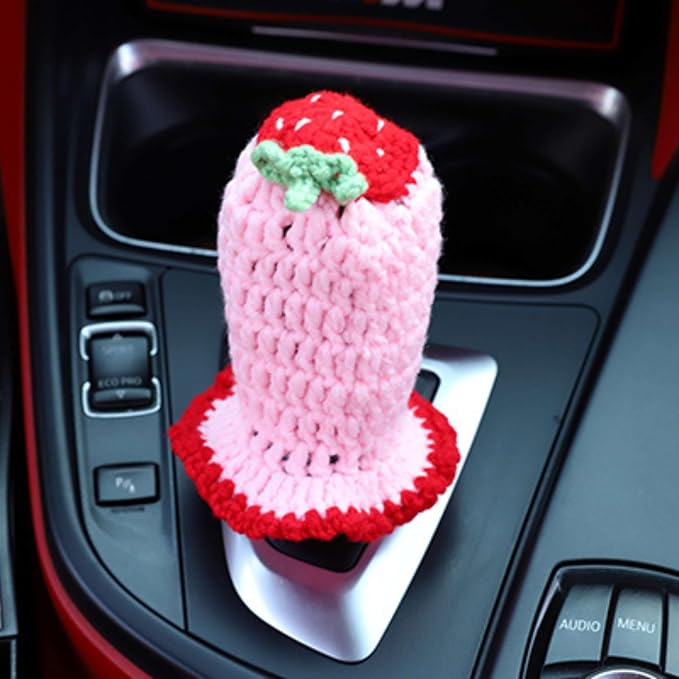 Crochet Steering Wheel Cover Set,Cute Car Steering Wheel Cover Boho 14-15in,Pink Strawberry Granny Square Pattern,Women Car Accessories (Pink (Steering+Shift Knob) Cover)