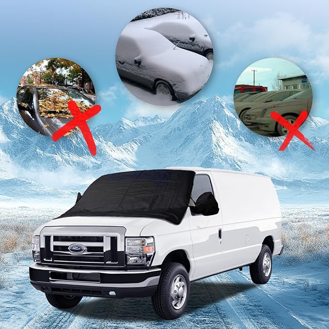 Windshield Cover for Ice and Snow fit Ford Econoline E-Series Van 1992-2025 2026 & Motorhome E-150 E-250 E-350 E-450 Accessories Oxford Fabric Cover Windshield Protector for Full Sizes Vans