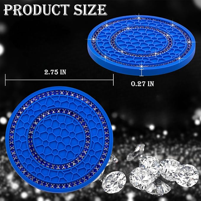 2PCS Bling Crystal Rhinestone Cup Holder Coaster, 2.75 inch Soft Silicone Anti-Slip Shockproof, Car Cup Holder Insert Coasters, Universal Car Interior Accessories for Women (Blue)