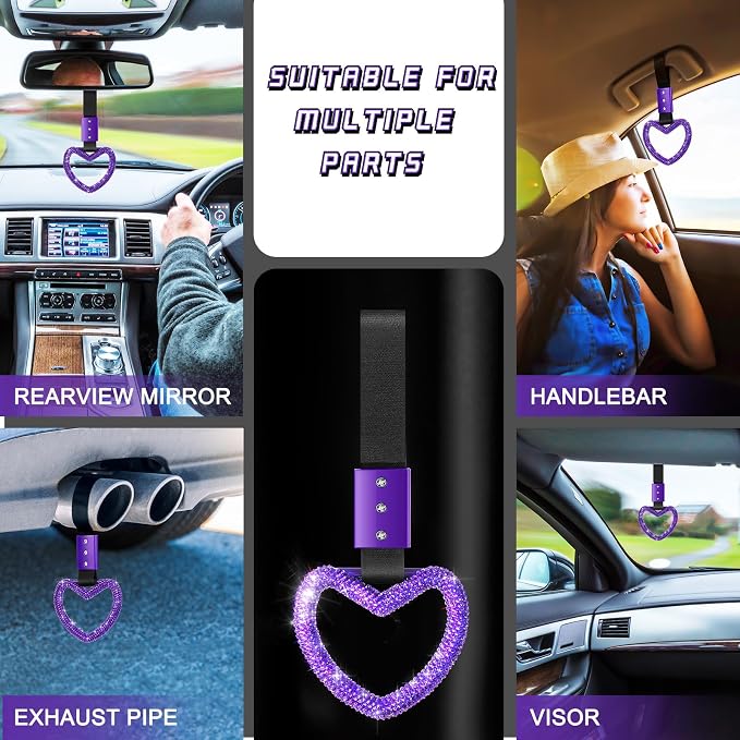 Bling Car Accessories Bling Heart Handle Ring Car Accessory for Women Hand Strap Drift Charm Rear Bumper Warning Ring Decor for Auto Bus Interior Exterior Decoration (Purple, Heart Style)