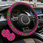 Pink Leopard Steering Wheel Cover,Pink Cheetah Leopard Universal 15" Elastic Car Steering Wheel Cover with 2 PCS Car Coasters,Anti-Slip Breathable Accessories for Auto,SUVs,Truck