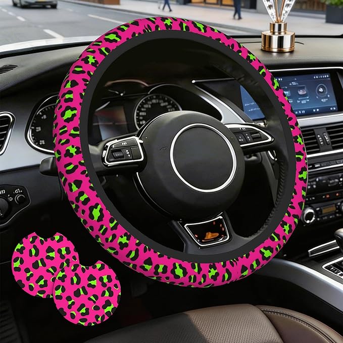 Pink Leopard Steering Wheel Cover,Pink Cheetah Leopard Universal 15" Elastic Car Steering Wheel Cover with 2 PCS Car Coasters,Anti-Slip Breathable Accessories for Auto,SUVs,Truck
