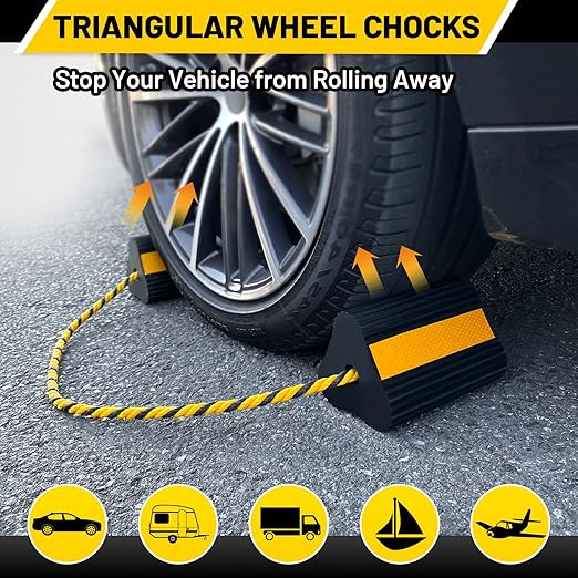 Wheel Chocks (2pair/4pack with Rope) for RV Trailer Camper Truck Car Aircraft, Versatile Heavy Duty Rubber Wheel Chocks Block with 3 Reflective Strips, Tire Wheel Immobilizers & Chocks