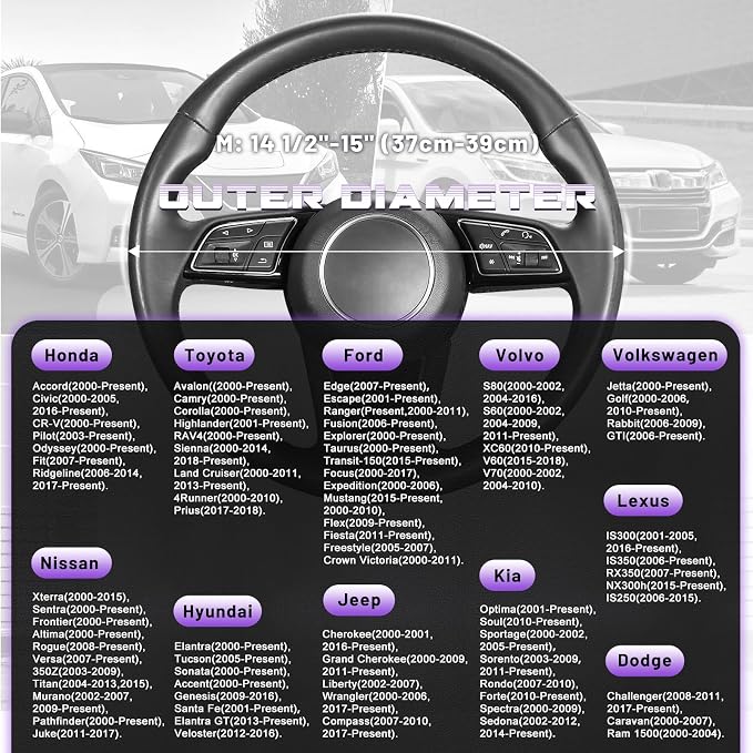 Steering Wheel Cover for 14.5-15 inch Wheels, Breathable PU Leather with Perforated Sides, Anti-Slip Grip, Universal Fit for Cars & SUVs, Black and Light Purple