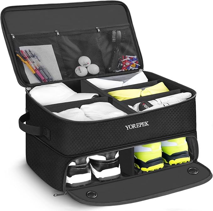 2 Layer Golf Trunk Organizer, Golf Gifts for Men with Separate Ventilated Compartment for 2 Pair Shoes, Waterproof Car Trunk Locker for Balls, Tees, Clothes, Gloves, Gifts for Golfers