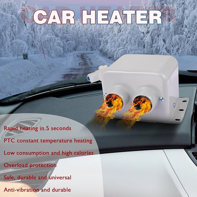 600W 12V Car Heater Defroster, Upgraded Portable Windshield Defogger with Dual Outlets, PTC Ceramic Fast Heating for SUV Truck Vehicle, Efficient Demisting & Anti-Frost Device