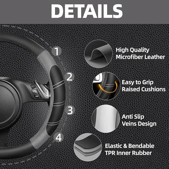 10 Pcs Car Floor Mats Full Set & Sport Leather Steering Wheel Cover 14.5-15 inch, Center Console Cover, Seat Belt Cushion, Cup Holder Coaster, Universal Automobile Interior Sets (Grey)