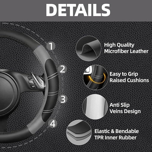 10 Pcs Car Floor Mats Full Set & Sport Leather Steering Wheel Cover 14.5-15 inch, Center Console Cover, Seat Belt Cushion, Cup Holder Coaster, Universal Automobile Interior Sets (Grey)