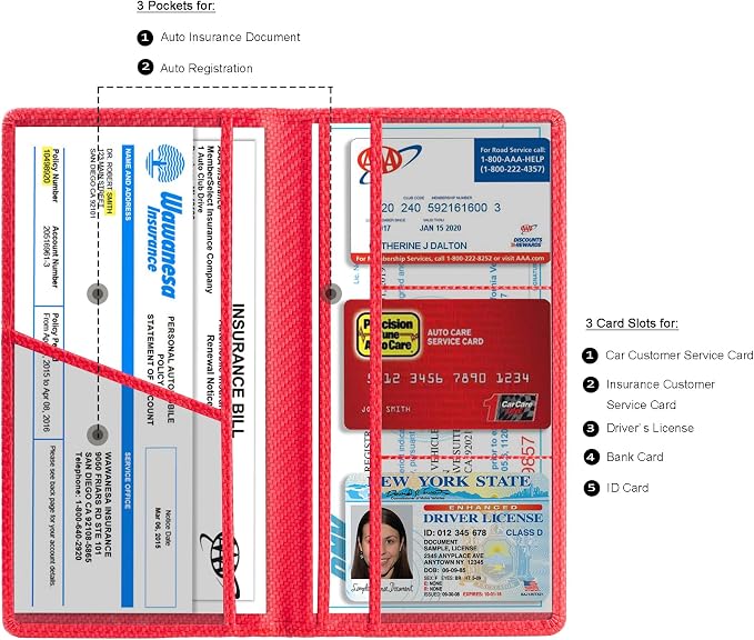 Car Registration and Insurance Card Holder, Vehicle License Document Glove Box Compartment Organizer, Interior Car Accessories for Women Men (Carbon Red)