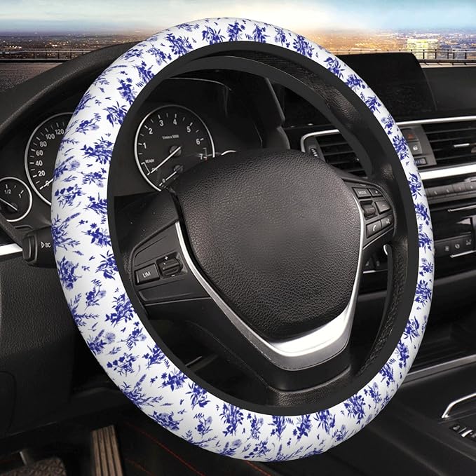 Floral Steering Wheel Cover Car Elastic Steering Wheel Protector | Blue White Anti-Slip Breathable Car Accessories Interior for Women Men Universal 15 Inch Fit Auto SUVs Vans Truck