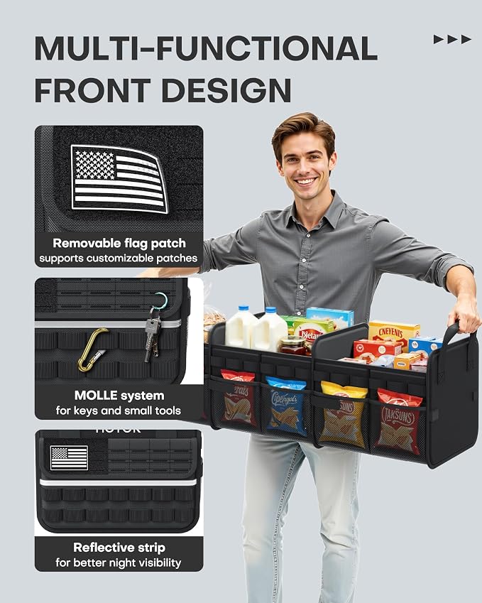 Tactical Car Trunk Organizer - Foldable Trunk Organizer for SUV with Front MOLLE Pocket & Reflective Strips, Essential Car Accessories for Tools & Outdoor Storage, 11.6" x 31.9" x 11.0", Black